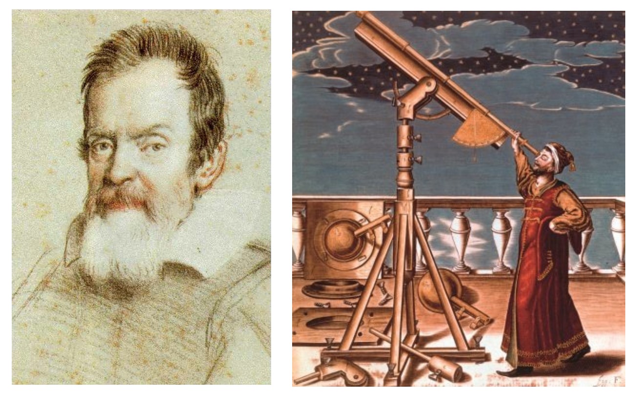 左：伽利略；右：17世纪画家Johannes Hevelius笔下的天文观察者