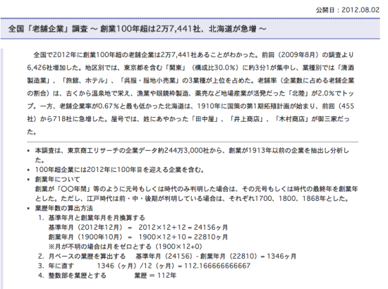 日东京商工调查2012年8月发布的百年企业统计报告